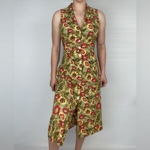 JM Studio Vintage 90s Sleeveless Floral Tie Maxi Dress Collared Button‎